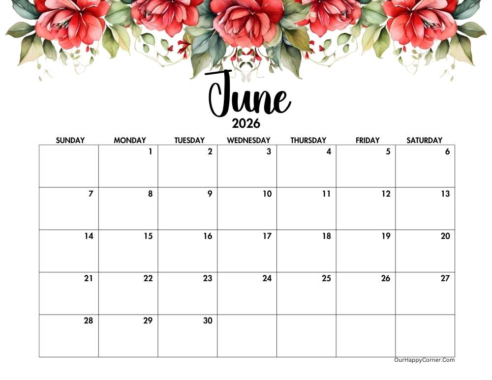 Red floral horizontal calendar