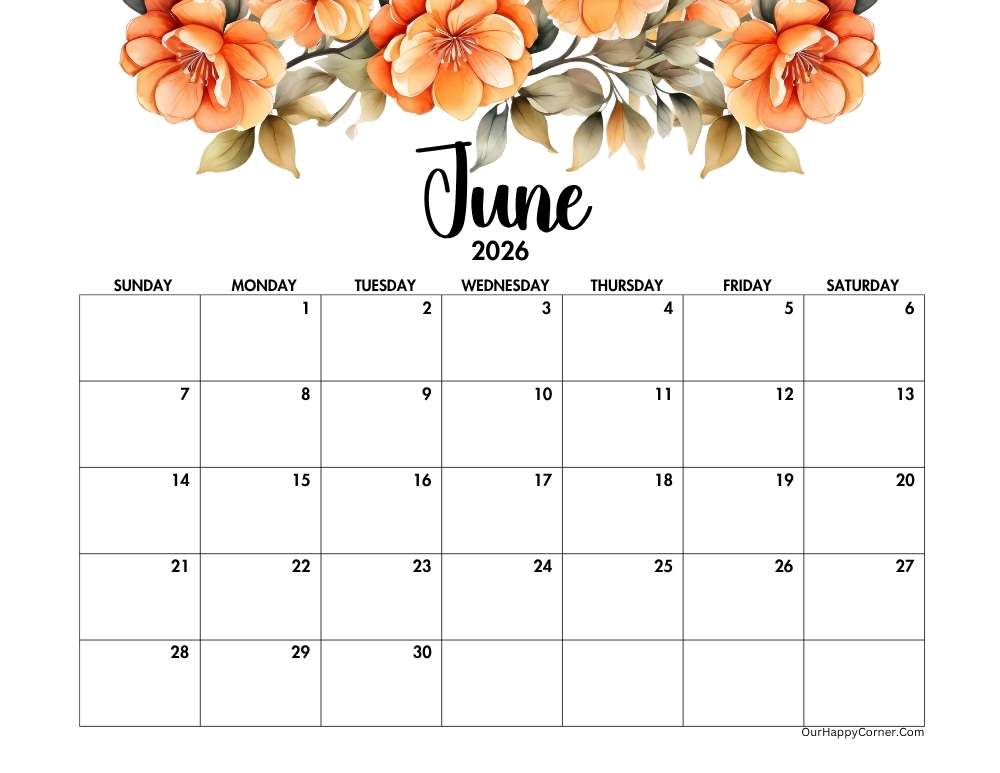 horizontal 2026 June calendar