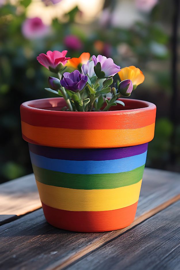 A terracotta flower pot painted with bright horizontal rainbow stripes, filled with colorful flowers.