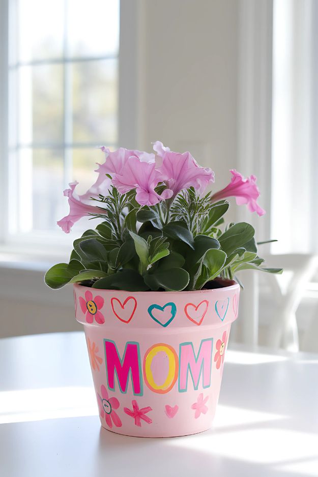 A pink flower pot painted with colorful letters spelling "MOM" and surrounded by hand-drawn flowers and hearts.