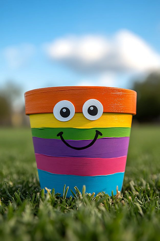 A rainbow-striped pot with a smiling cartoon face and googly eyes, placed on green grass.
