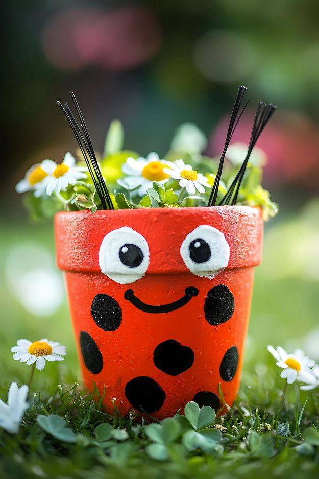 A red flower pot painted like a ladybug with big eyes, black spots, and floral decorations inside.