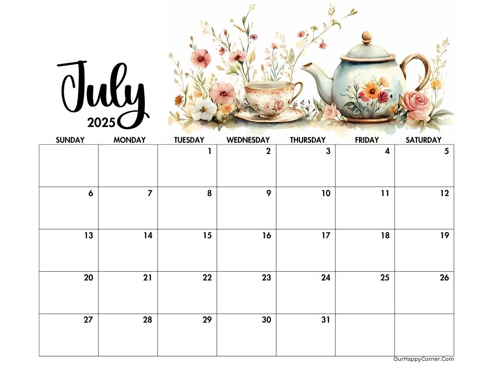 Horizontal 2025 july calendar