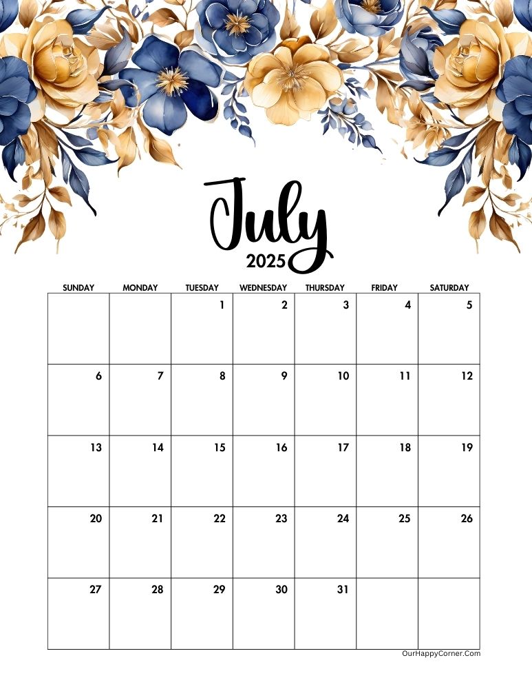 Blue and gold floral July 2025 calendar