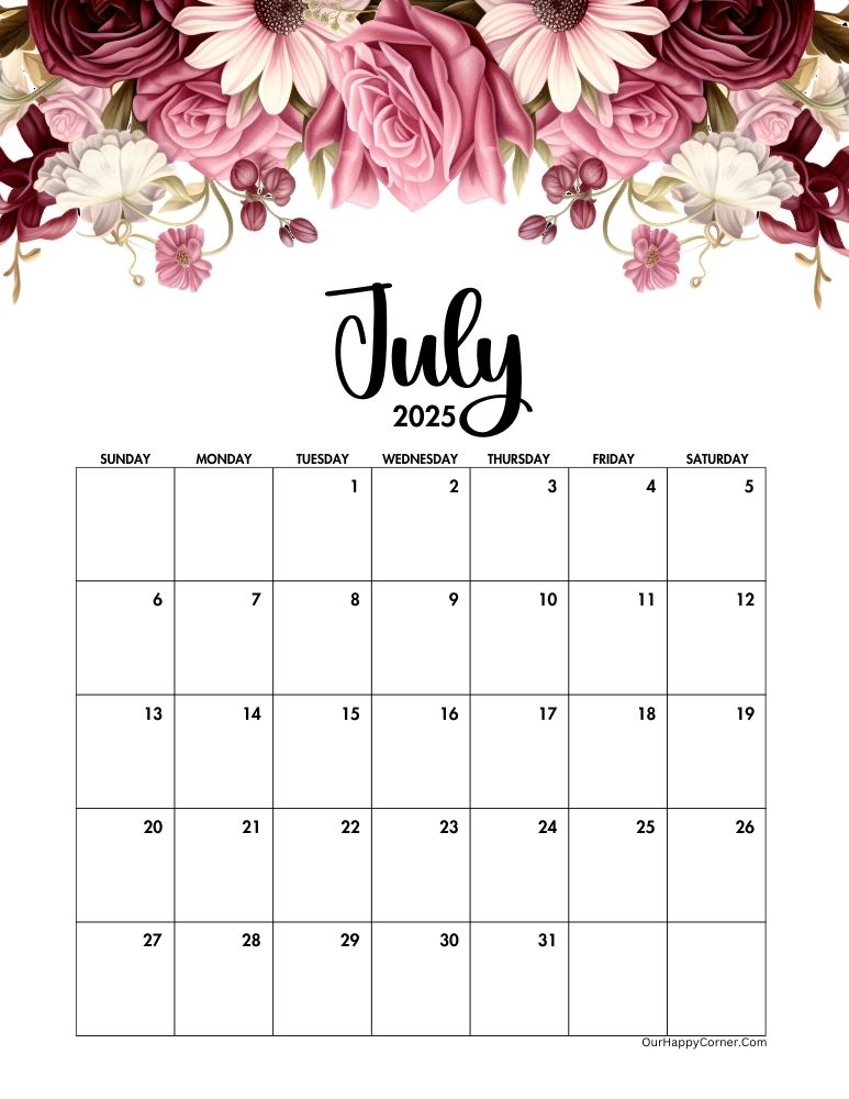Floral July 2025 calendar