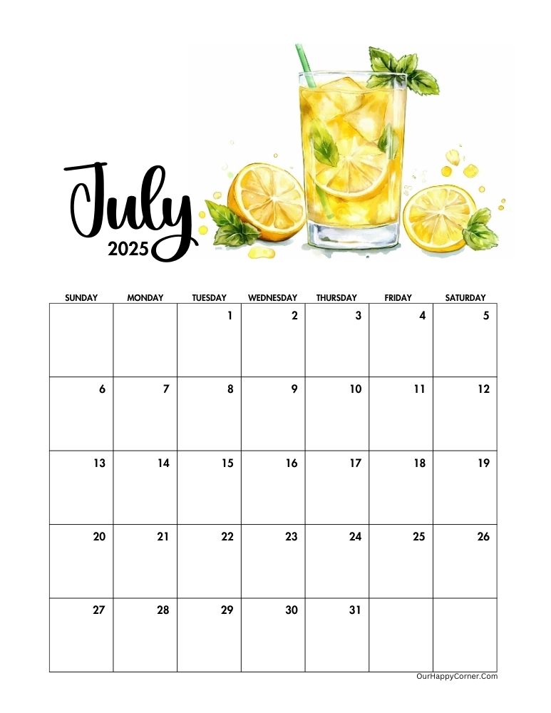 Summer themed July 2025 calendar