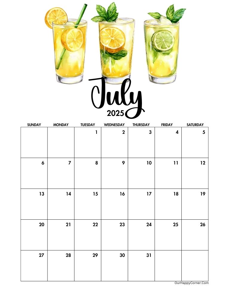 Summer themed July 2025 calendar