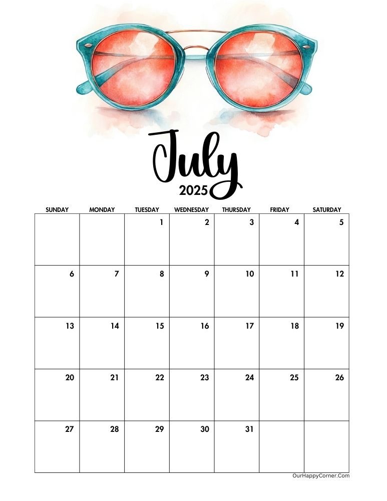 Summer themed July 2025 calendar