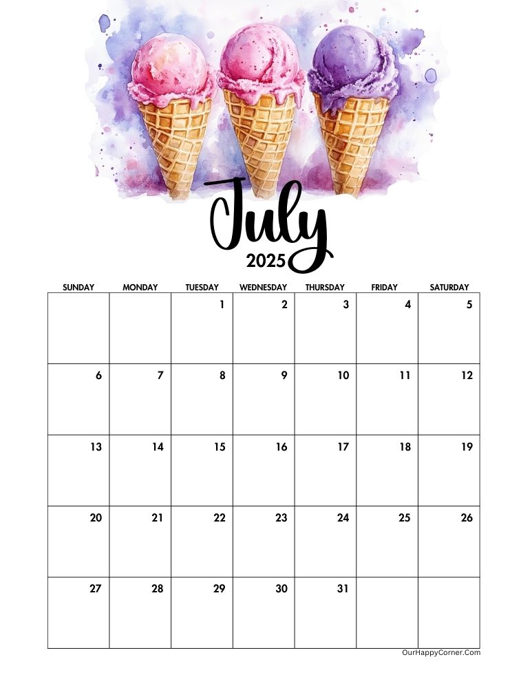 Summer themed July 2025 calendar