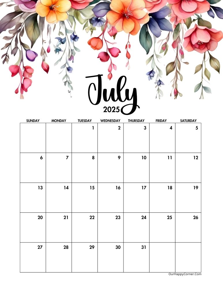 Floral July 2025 calendar