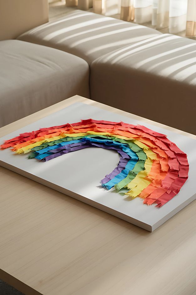 Summer crafts for kids of torn paper rainbow on white board displayed on a home table.