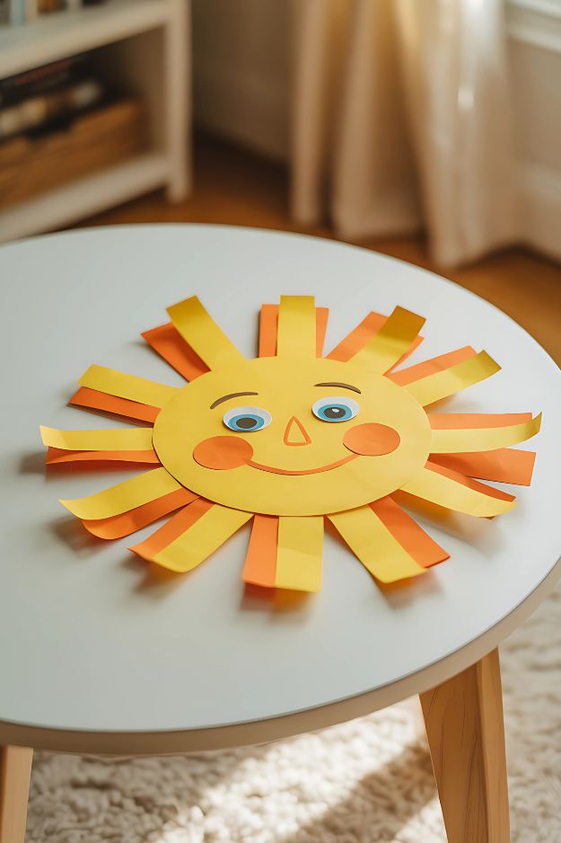 Smiling sun craft made from yellow and orange paper strips with a happy face.