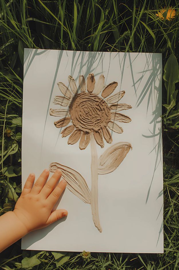 Summer crafts for kids of a sunflower made of mud on white paper in grass.