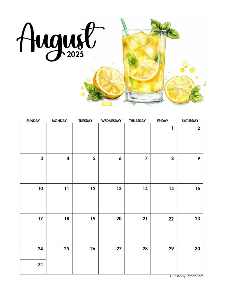 Calendar with a watercolor glass of lemonade and lemon slices.