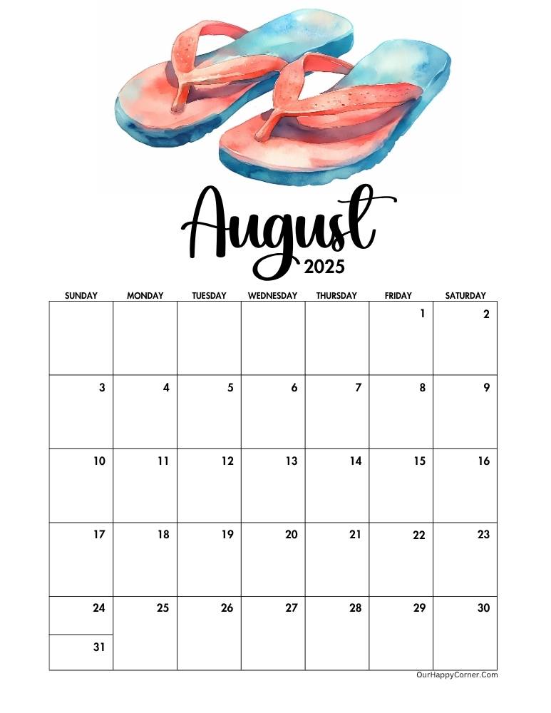 August 2025 calendar printable decorated with flip-flops