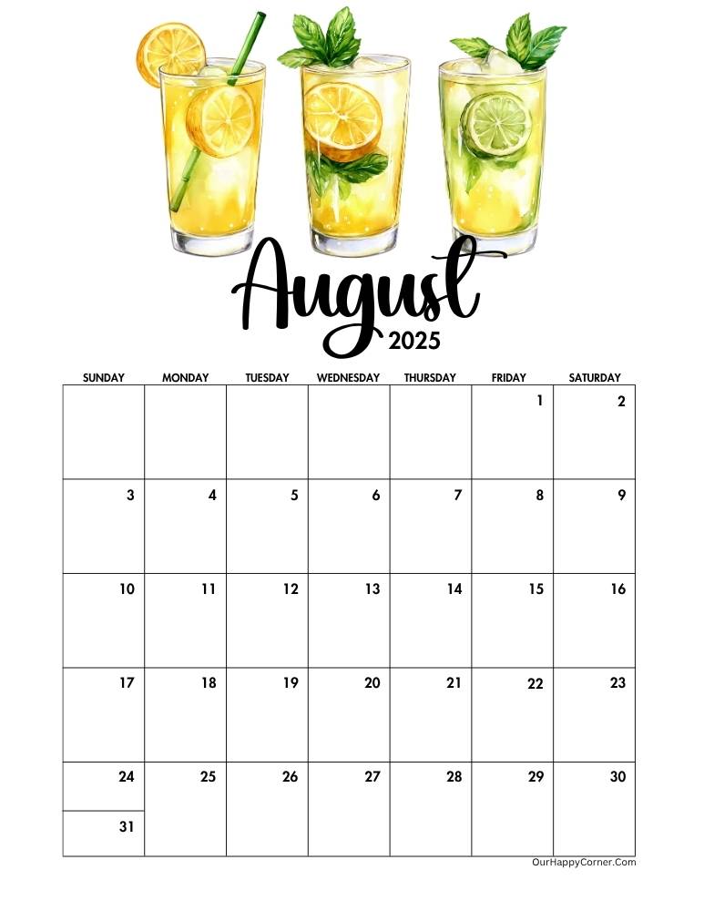 Calendar with a watercolor glass of lemonade and lemon slices.