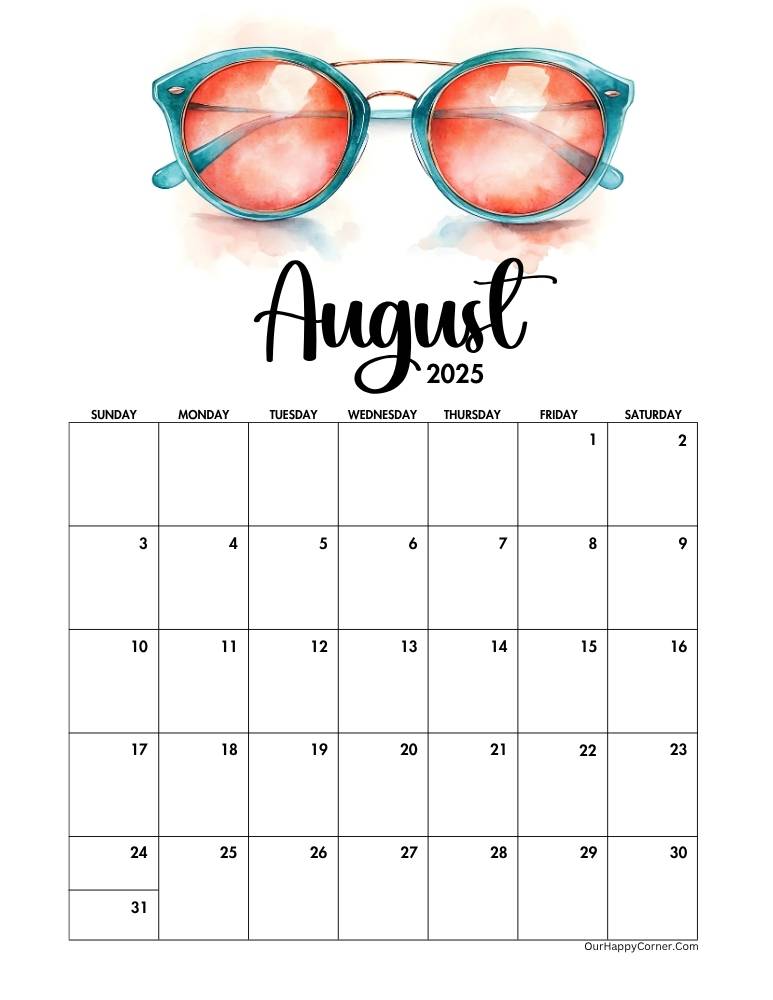 Watercolor sunglasses decorated calendar