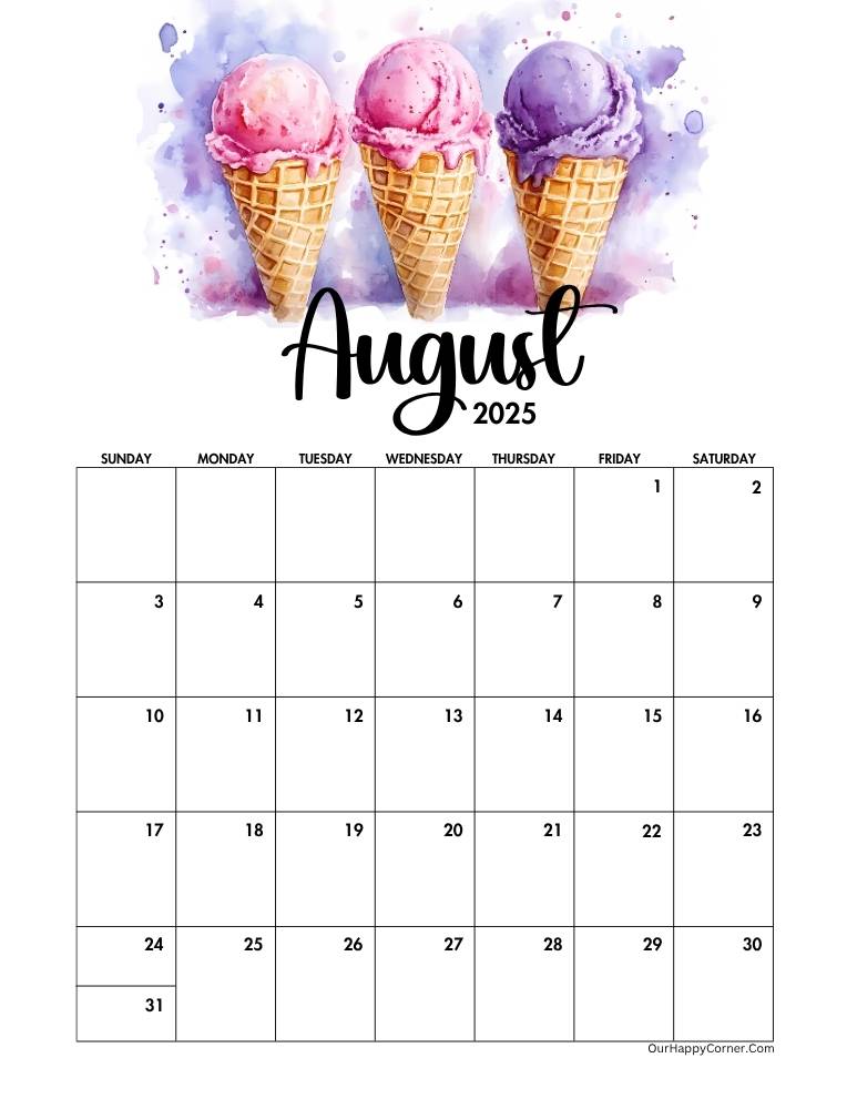 Calendar with three watercolor ice cream cones in pink, red, and purple.