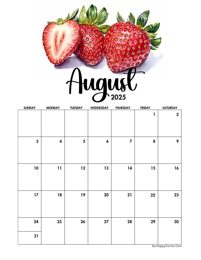 Calendar with realistic watercolor strawberries, including a sliced one.