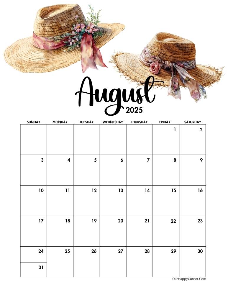 Calendar with two woven sun hats decorated with ribbons and florals.