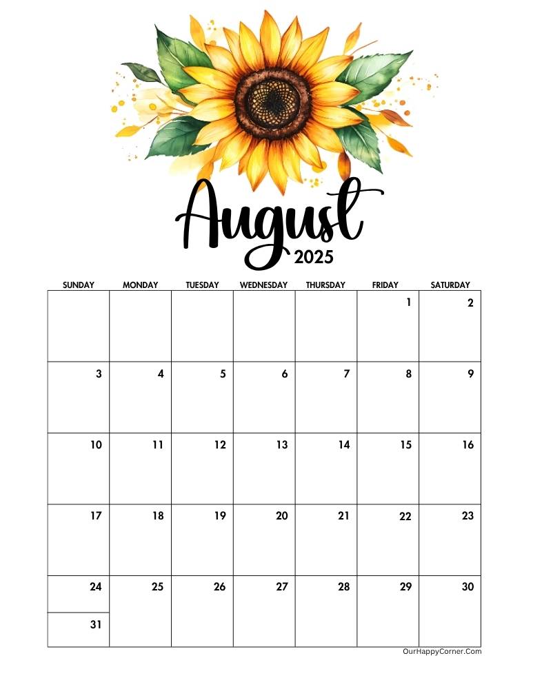 Calendar with a bright yellow watercolor sunflower and green leaves.