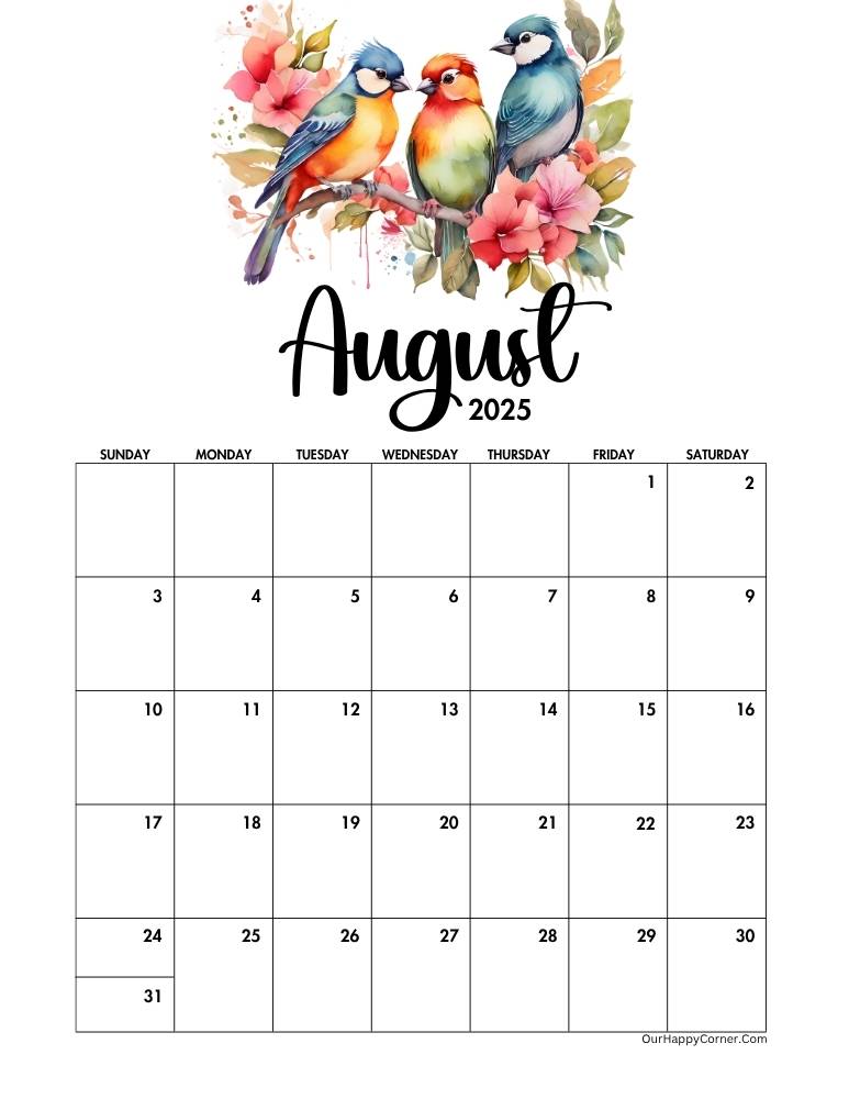 Calendar with three colorful watercolor birds on a branch.