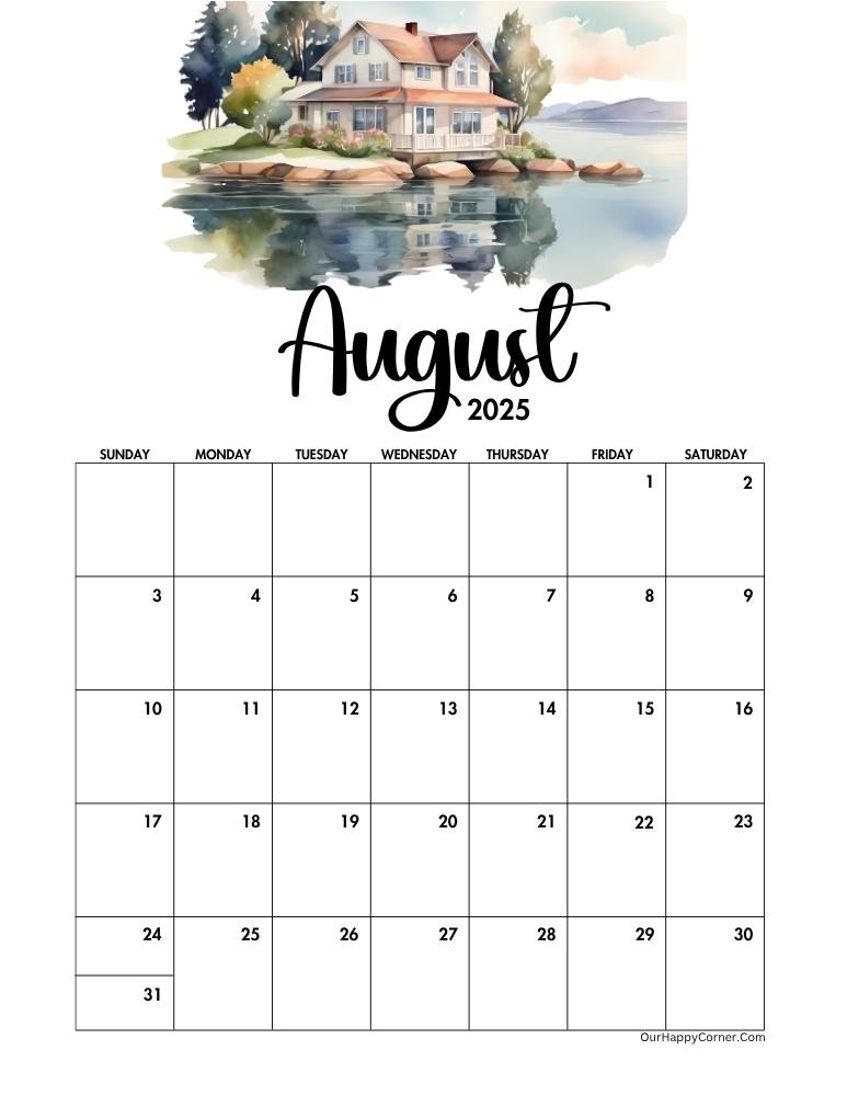 Calendar featuring a peaceful lake house surrounded by trees and calm water.