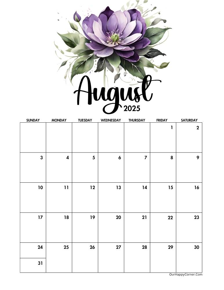 Calendar with a large watercolor purple bloom and leafy greenery.