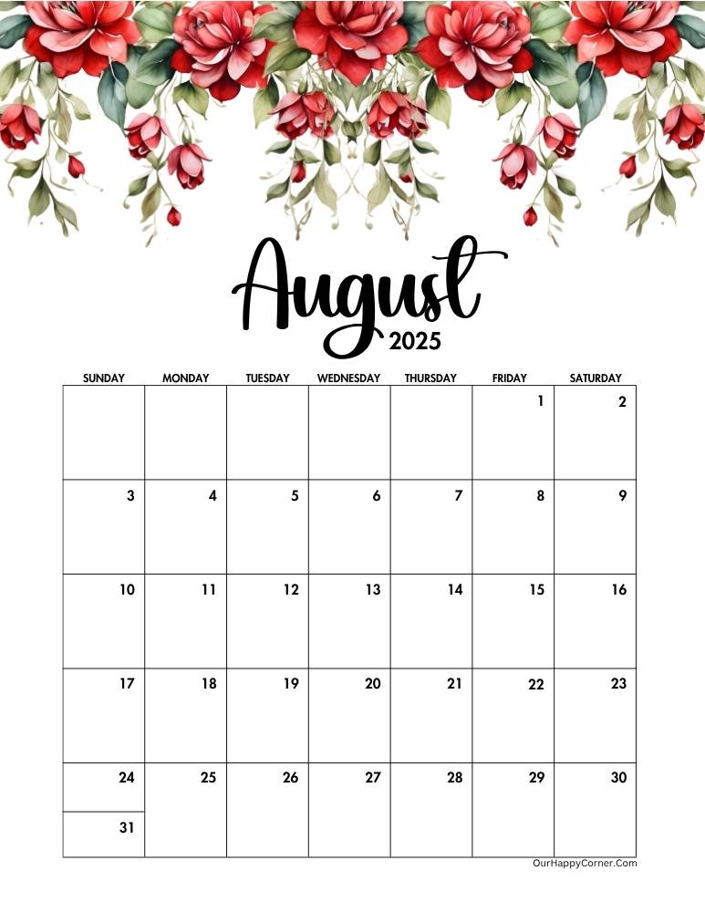 august 2025 red floral calendar