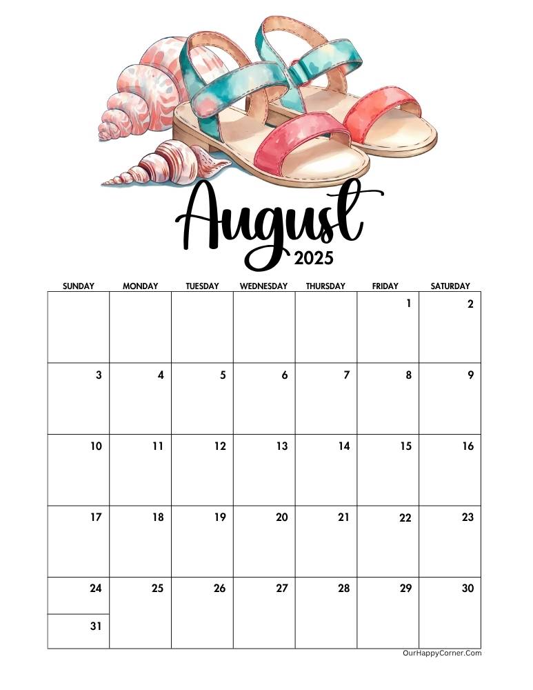 Sandals August 2025 calendar