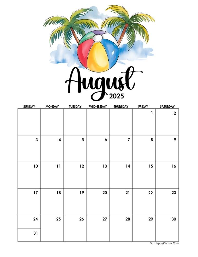 Beach ball and palm trees August 2025 calendar