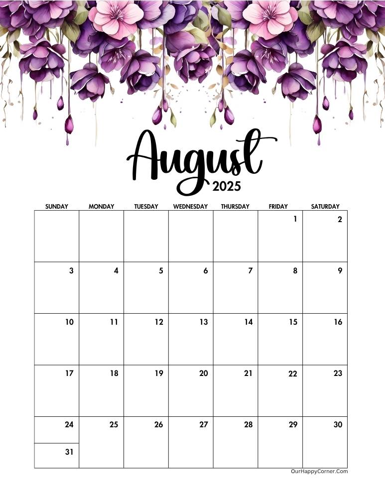 Purple watercolor August 2025 calendar printable 5