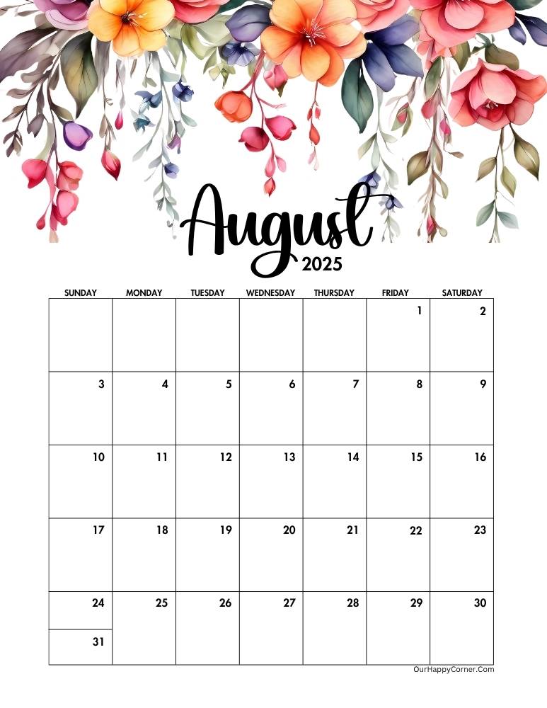 Floral August 2025 calendar printable 5