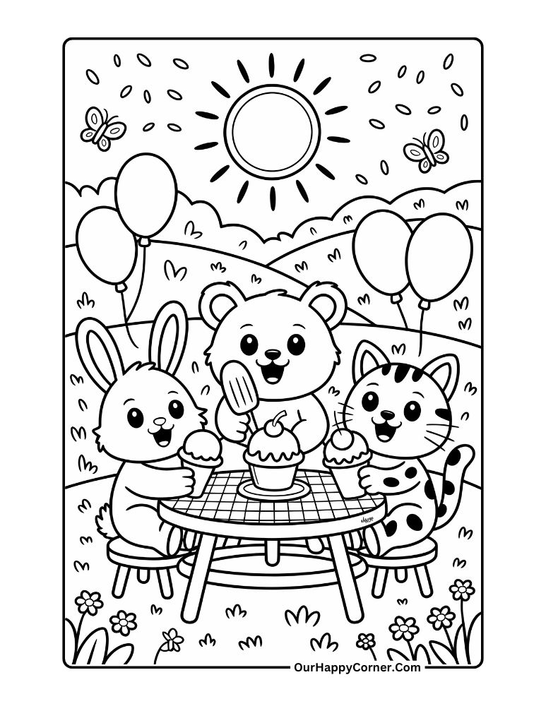 Summer coloring pages of bunny, bear, and cat with ice cream outdoors