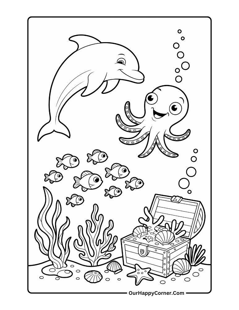 Dolphin and octopus with treasure chest underwater