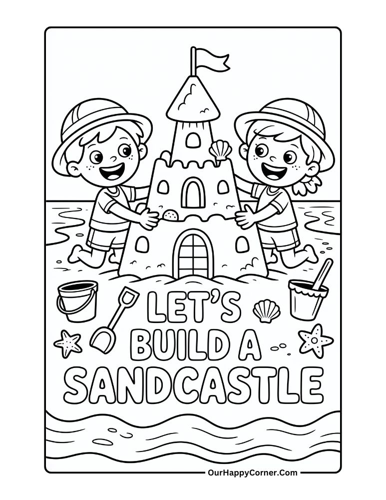 Summer coloring pages of Kids building a sandcastle on the beach