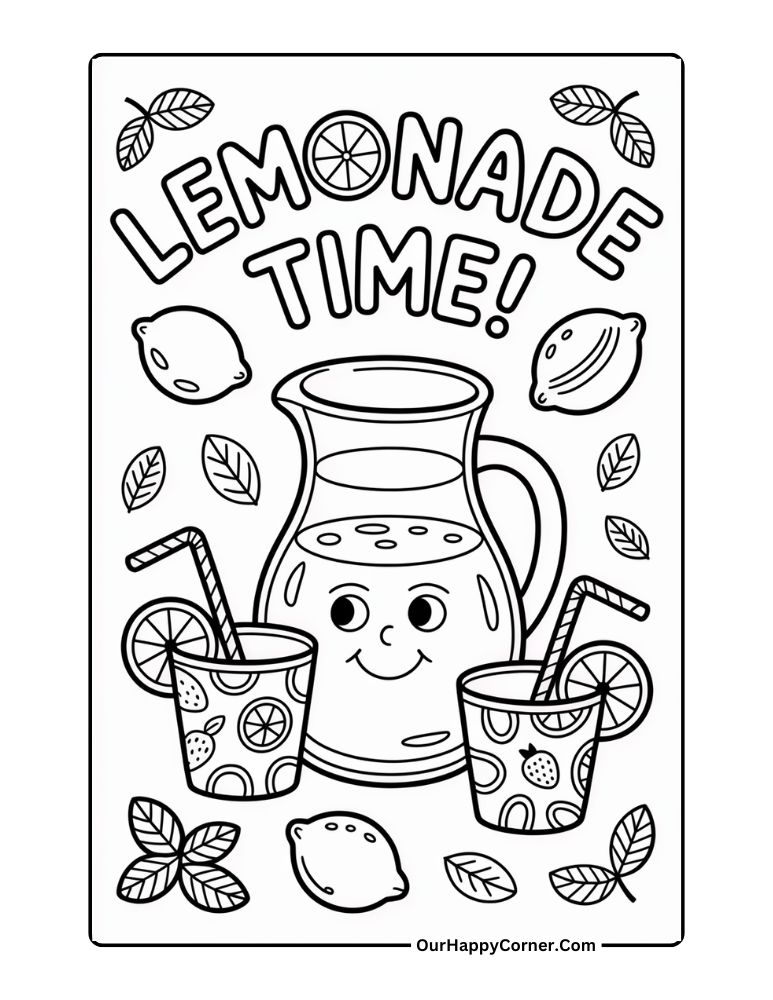 Kids summer coloring pages of miling lemonade pitcher with citrus cups