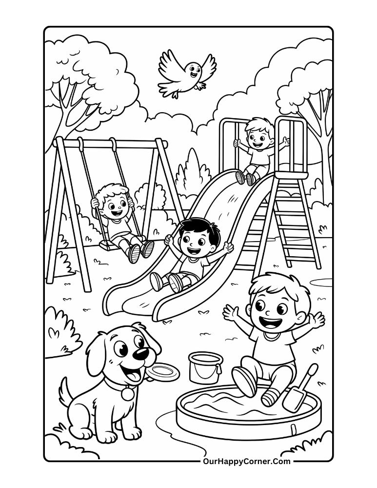 Kids playing on swings, slide, and sandbox