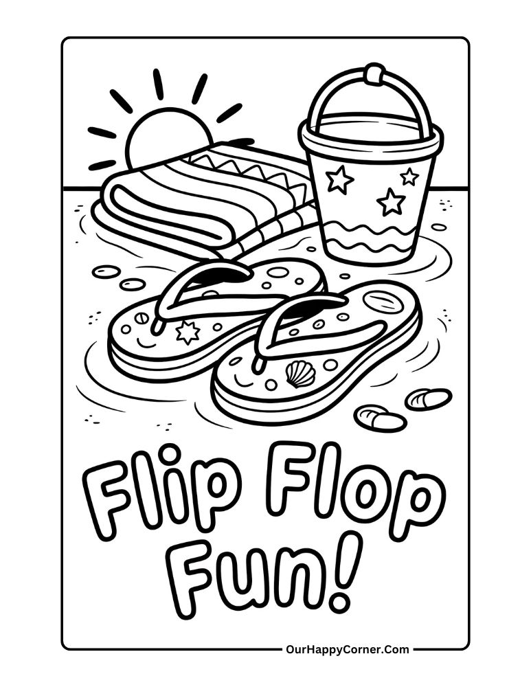 Summer coloring pages of flip-flops, towel, and pail on beach sand