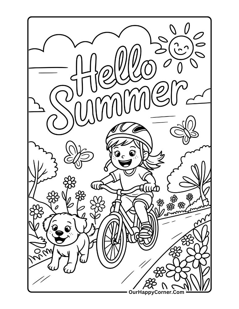 Girl biking on path with dog and flowers