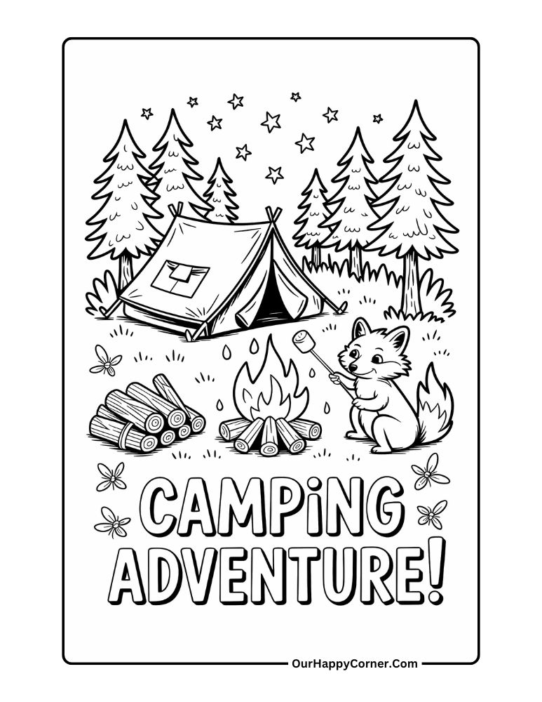 Fox camping by tent and campfire