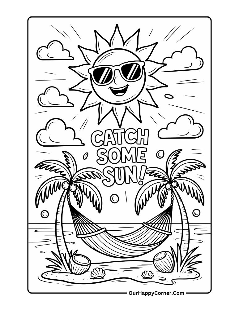 Smiling sun over hammock and palm trees