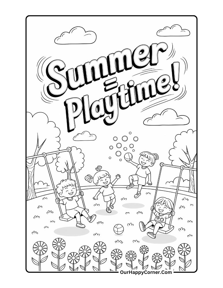 Kids playing on swings and blowing bubbles