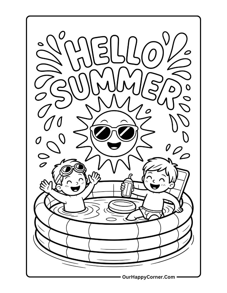 Summer coloring pages of Kids in inflatable pool under smiling sun