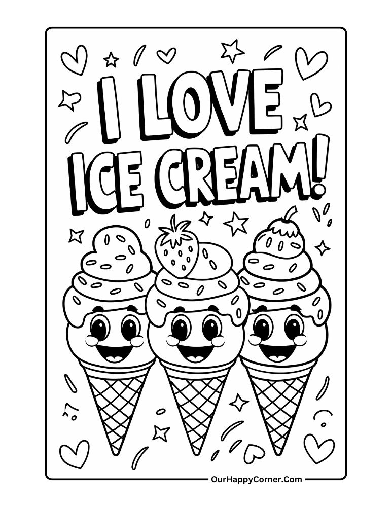 Summer coloring pages of Smiling ice cream cones with hearts and stars
