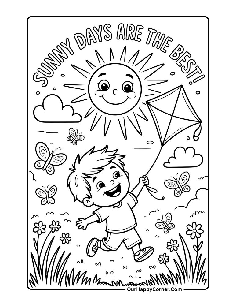 oy flying kite under sunny sky with butterflies