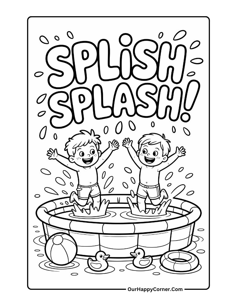 Summer coloring pages of Kids splashing in pool with toys and floaties