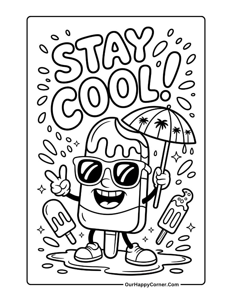 Summer coloring pages of Cartoon popsicle wearing sunglasses and smiling
