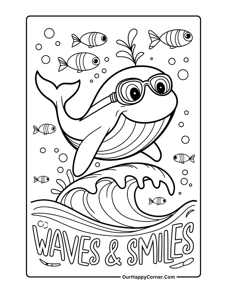 Whale surfing with fish and ocean waves
