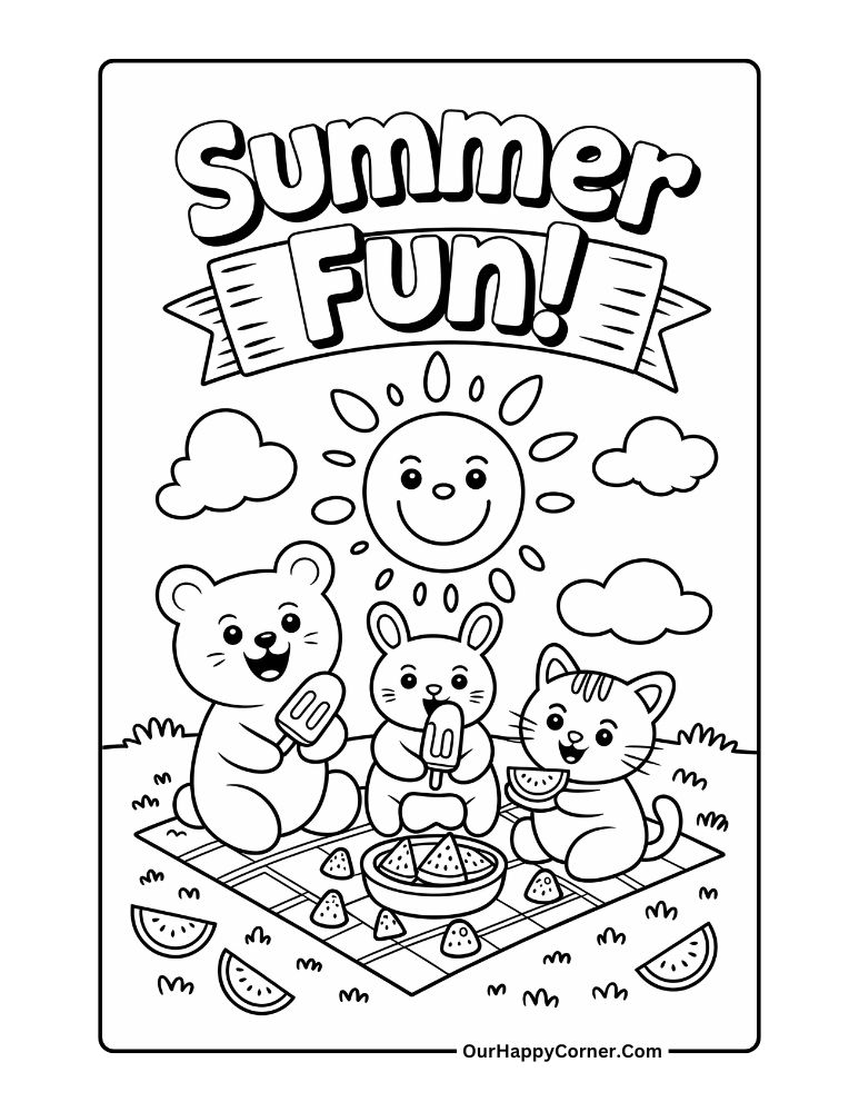 Bear, bunny, and cat at summer picnic